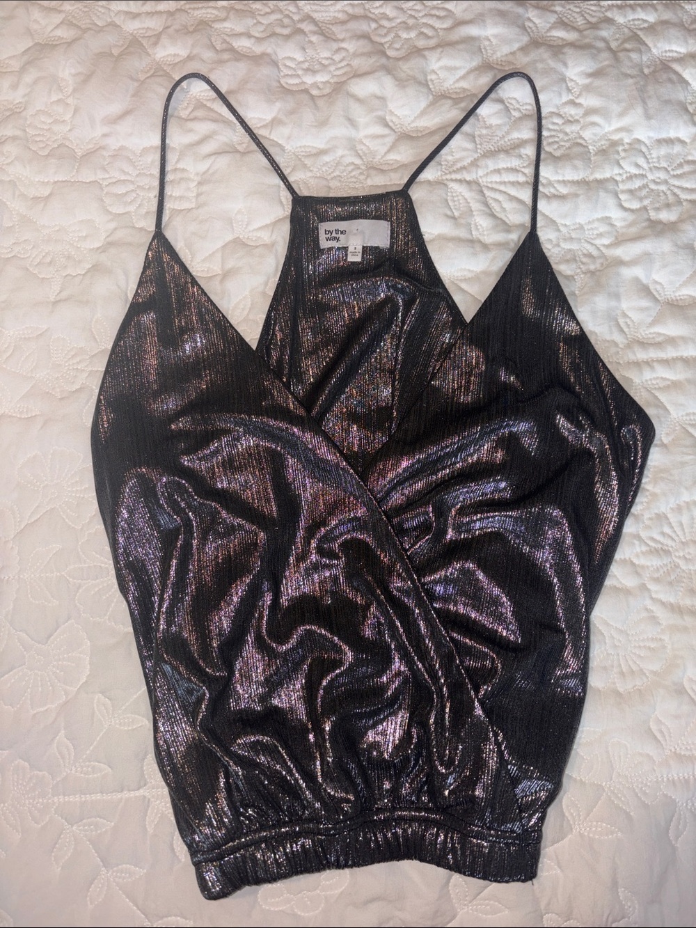 by the way. Iridescent Metallic Black Wrap-Front tank